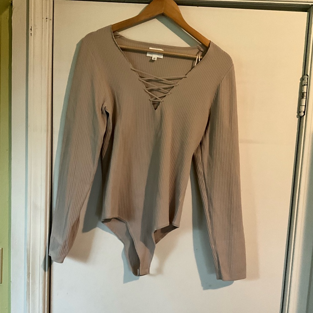 Womans body suit one piece top- tan v neck